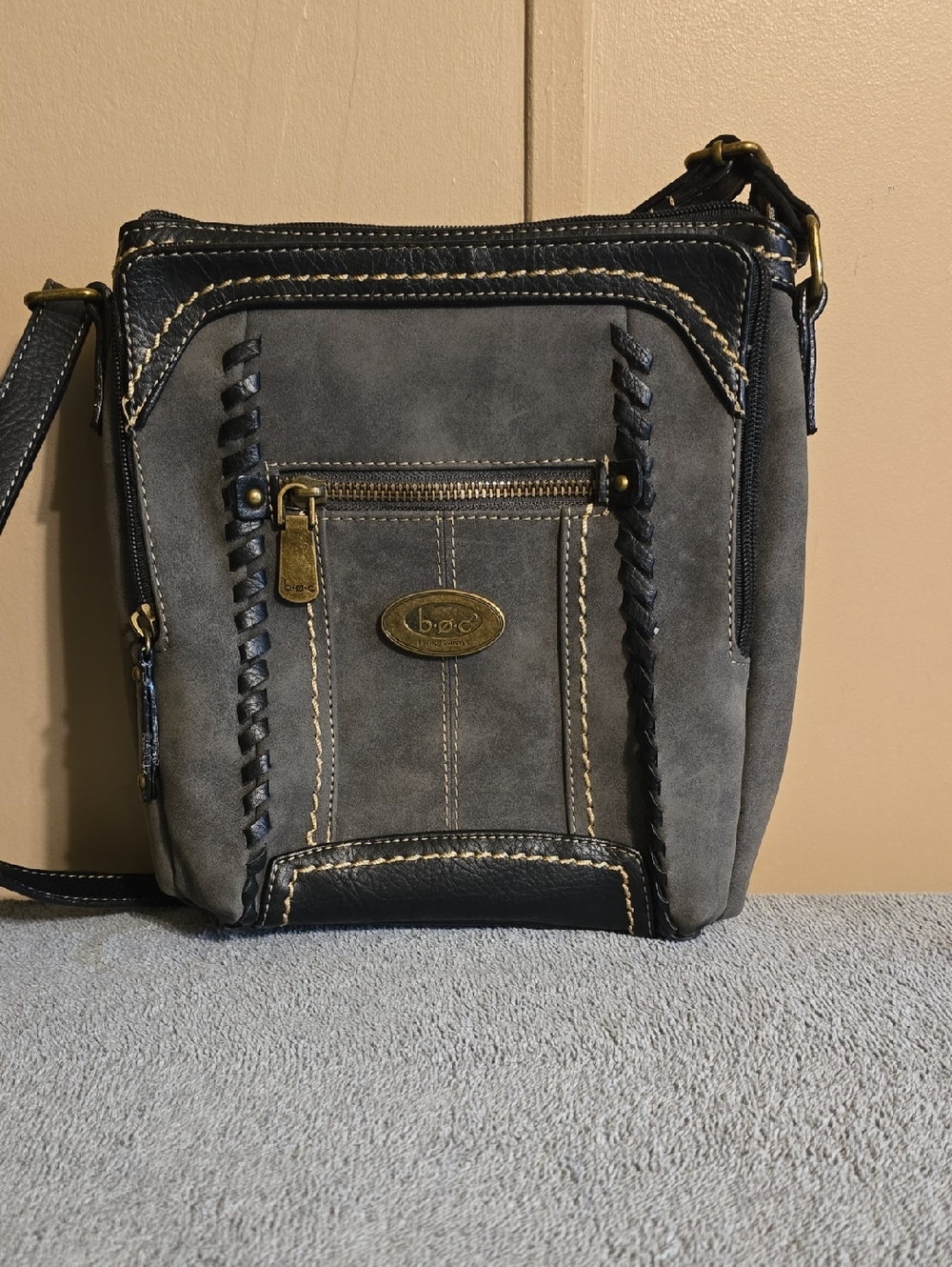 b.o.c. Gray and Black Suede Crossbody with Contrast Stitching